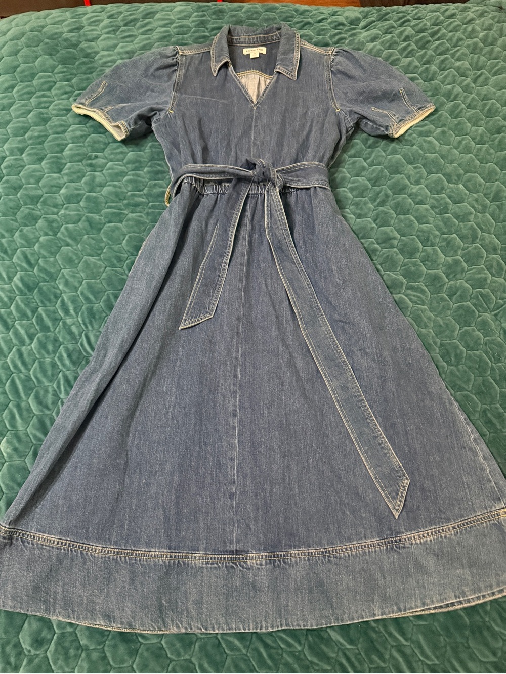 Lands' End Medium Denim Shirt-Collar Belted Midi Dress Pockets V Neck